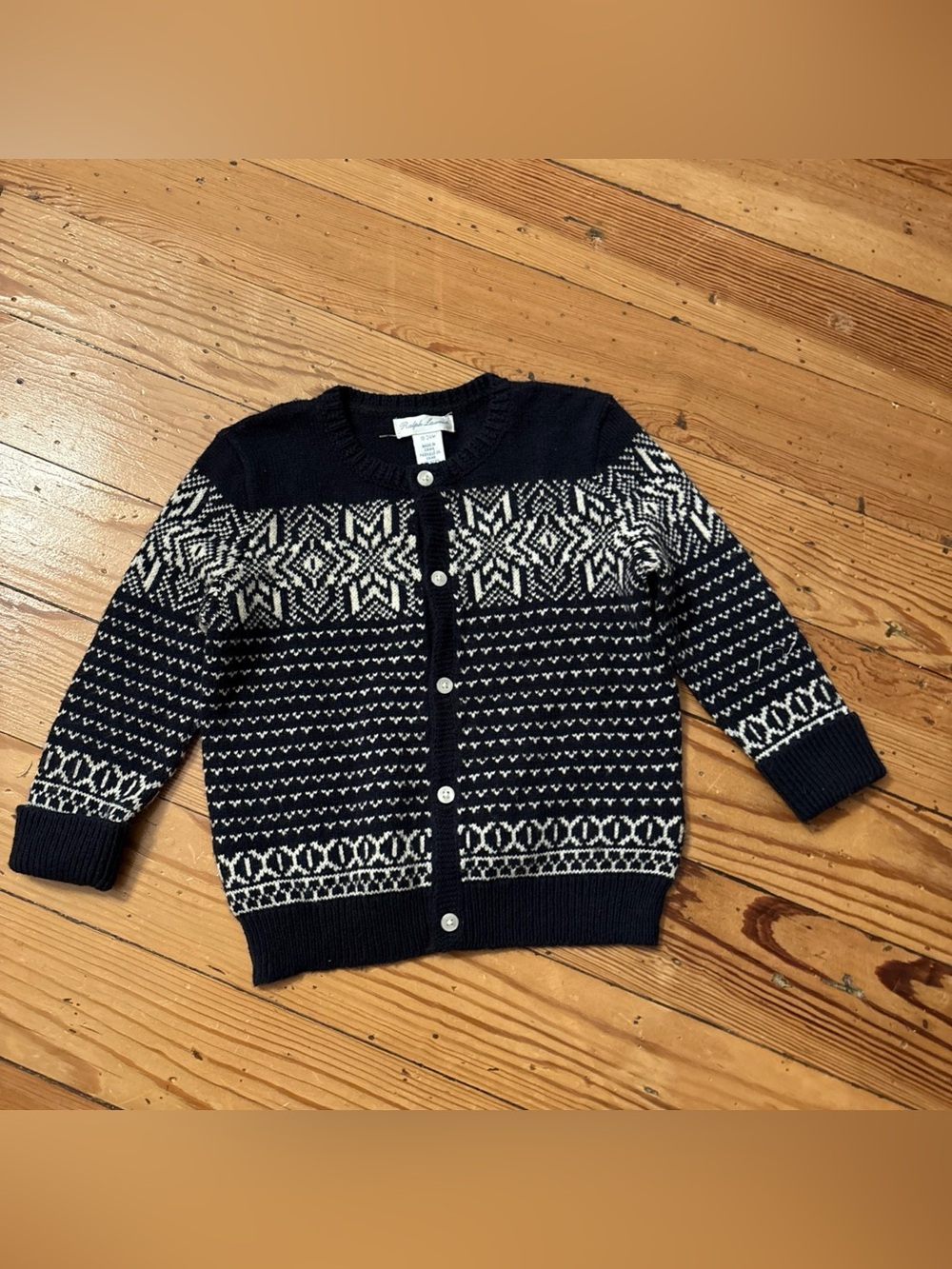 Ralph Lauren Baby Girls Blue Wool Intarsia Snowflake Cardigan Sweater Sz 18-24M